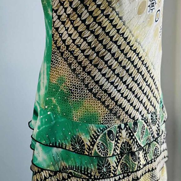 Joseph Ribkoff Sand & Jade Tiered Cowl-Neck Dress with Iridescent Dots – US 12 - Picture 2 of 11